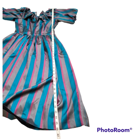 Vintage Lizzy&Johnny By Lucero Striped Ruffled Neck Puff sleeve midi dress Sz 10 - Picture 7 of 9